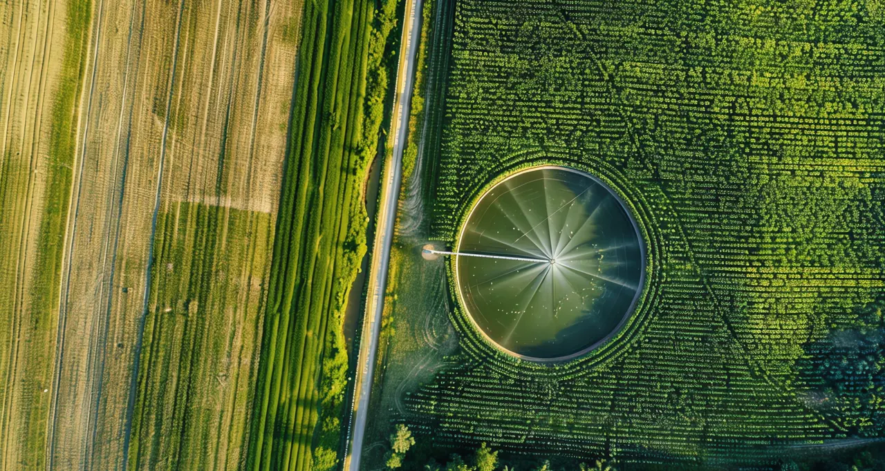 Círculo de riego visto desde el aire, con el pivote central en operación sobre el cultivo