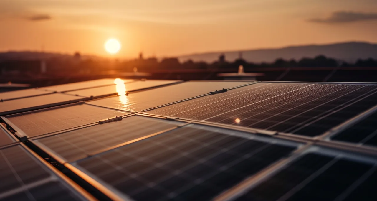 Paneles fotovoltaicos al atardecer, con el sol reflejado sobre los módulos