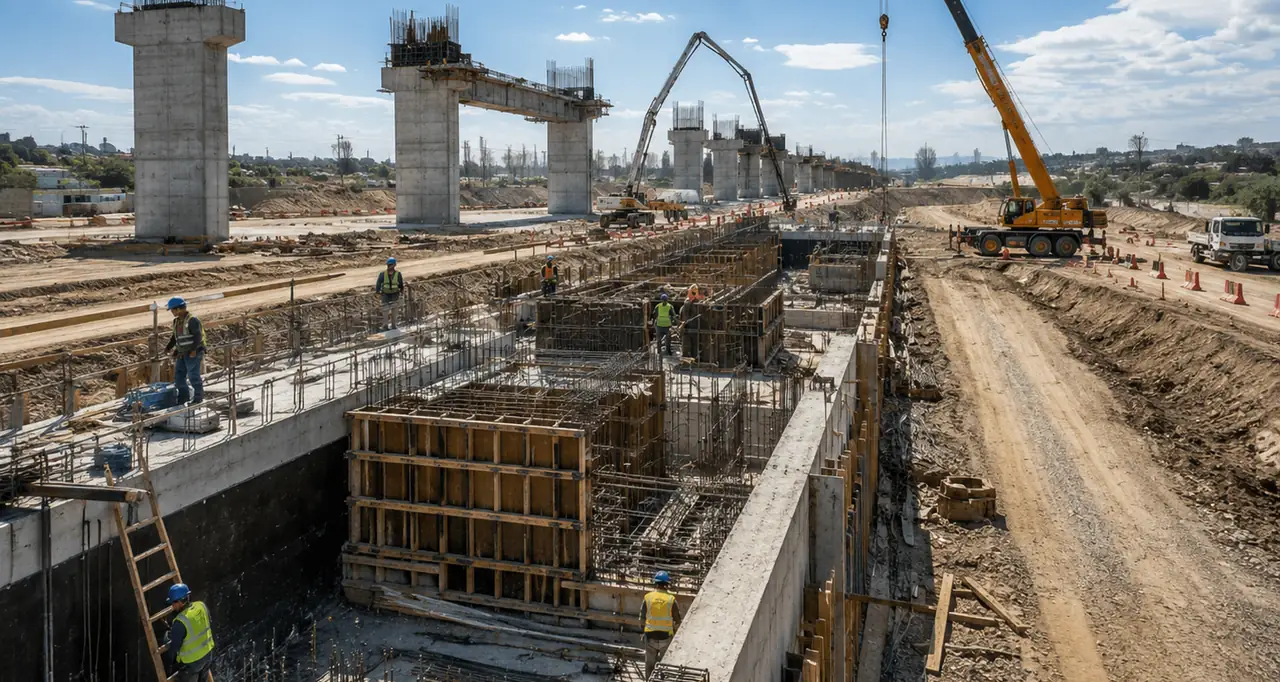 Obra pública en ejecución: pilas de hormigón de un viaducto y encofrados