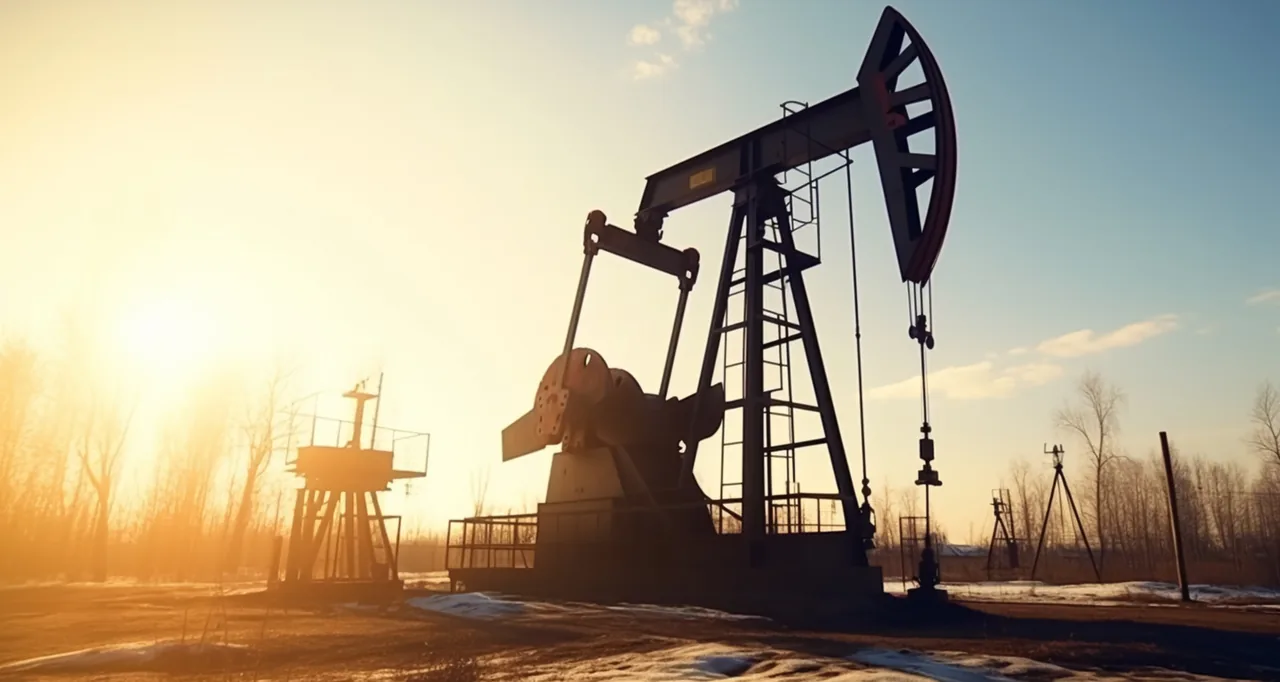 Cigüeña petrolera en operación a contraluz, junto a la torre de un pozo